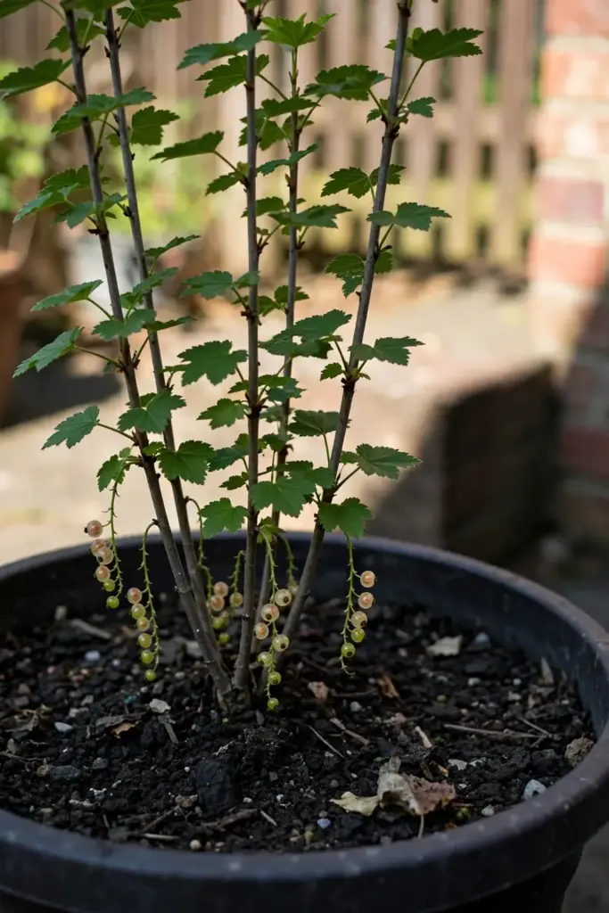 Young white currant shrub in a wide pot on a shaded patio