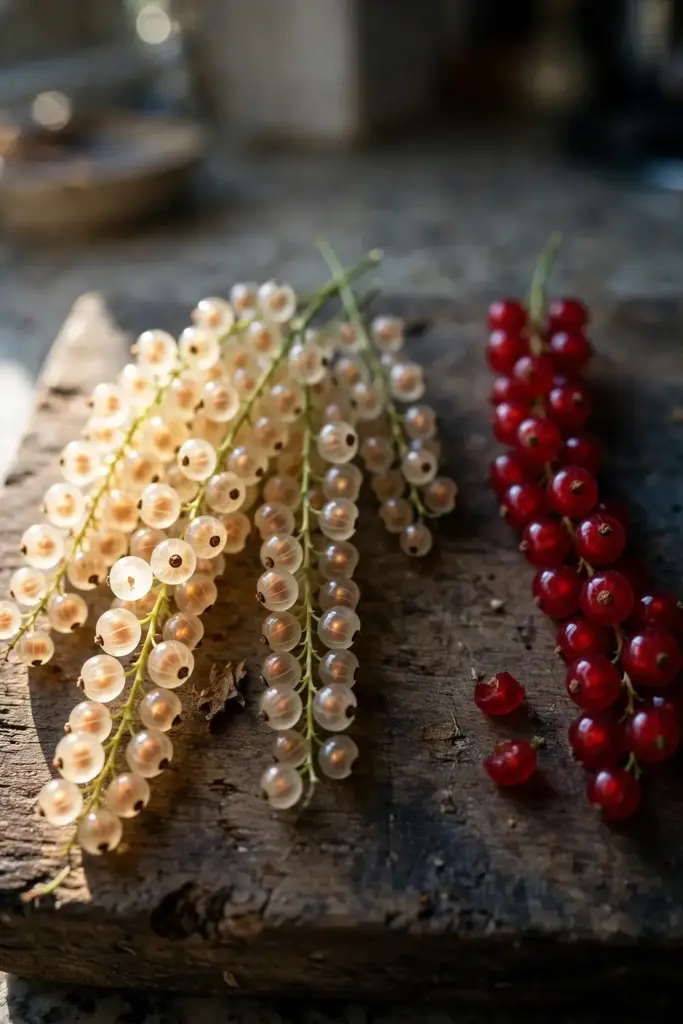 White currant strigs beside red currant strigs on weathered wood
