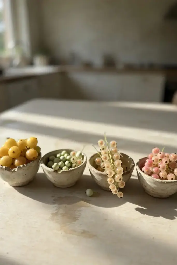 Four small bowls of different white currant varieties side by side