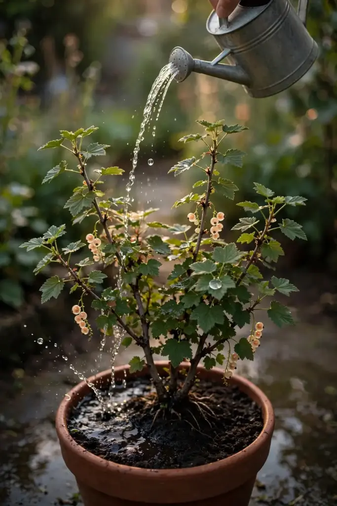 Hand watering a potted currant bush with a watering can