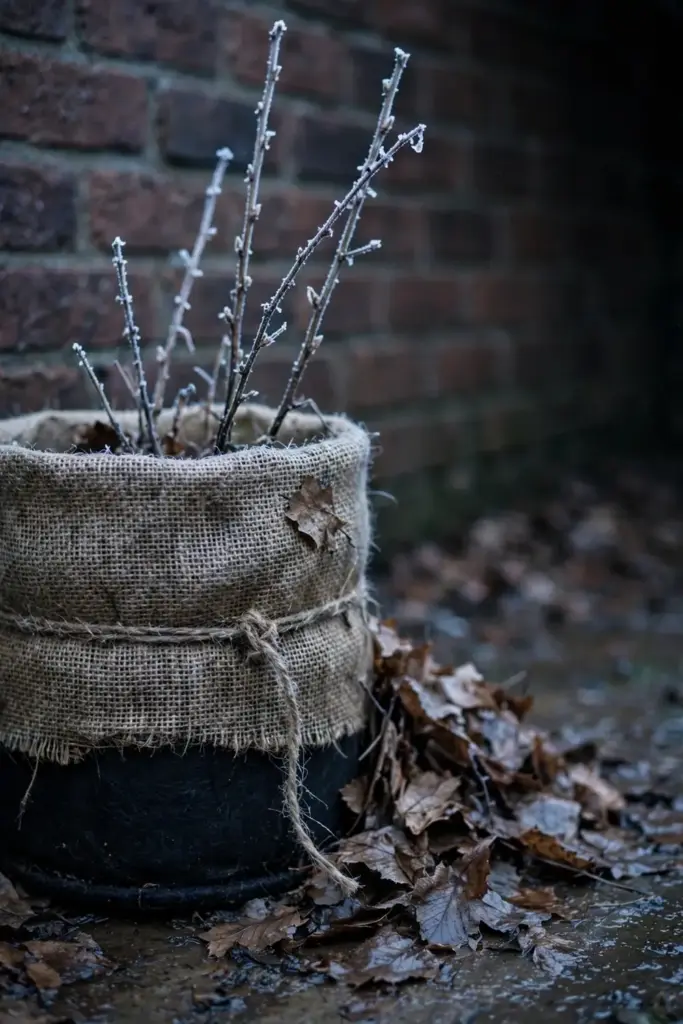 Fabric pot wrapped in burlap against a house wall in winter