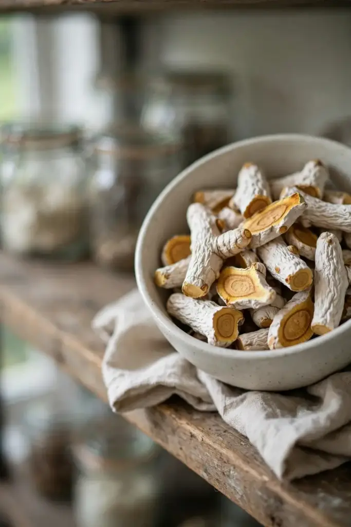 Dried white turmeric rhizome pieces in a simple bowl