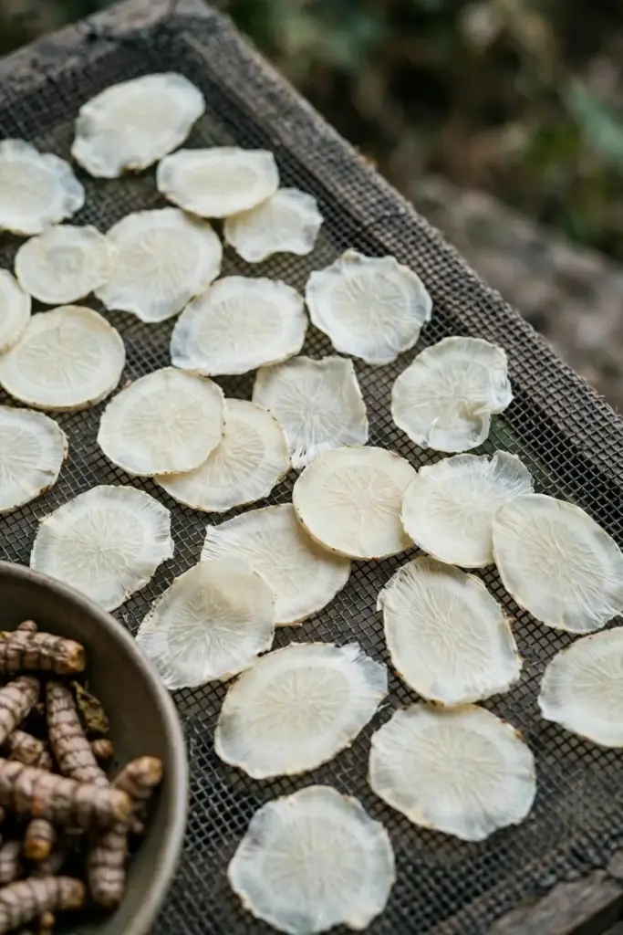 Thin slices of white turmeric rhizome drying on a rack