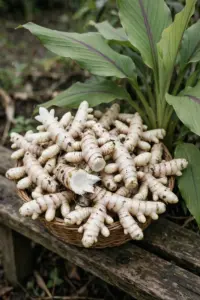 Woven basket of freshly harvested white turmeric rhizomes beside the leafy plant