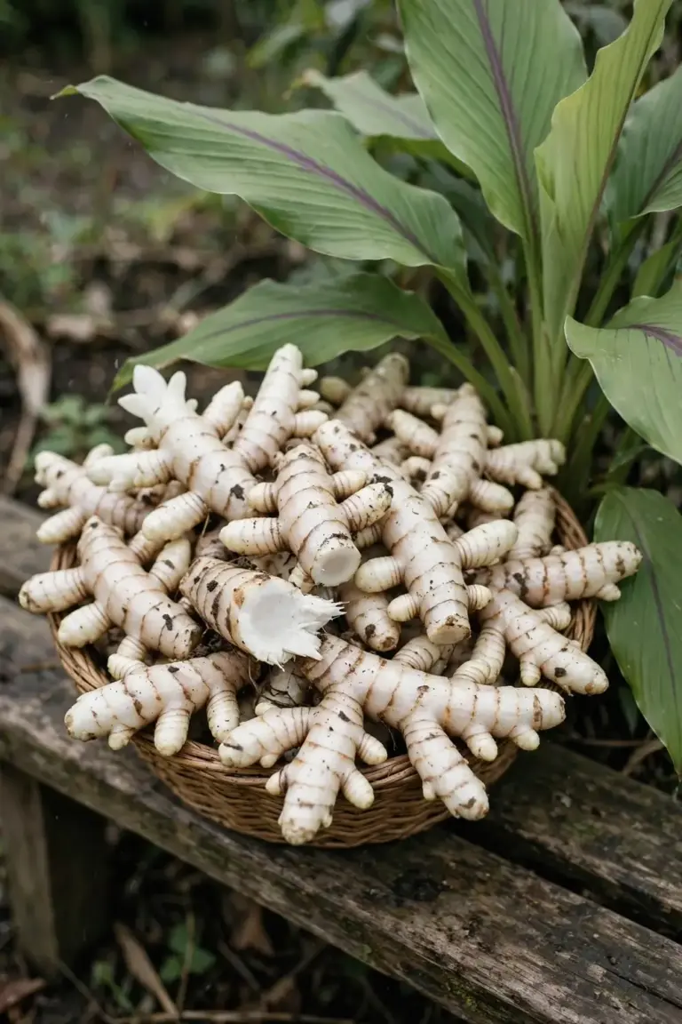Woven basket of freshly harvested white turmeric rhizomes beside the leafy plant