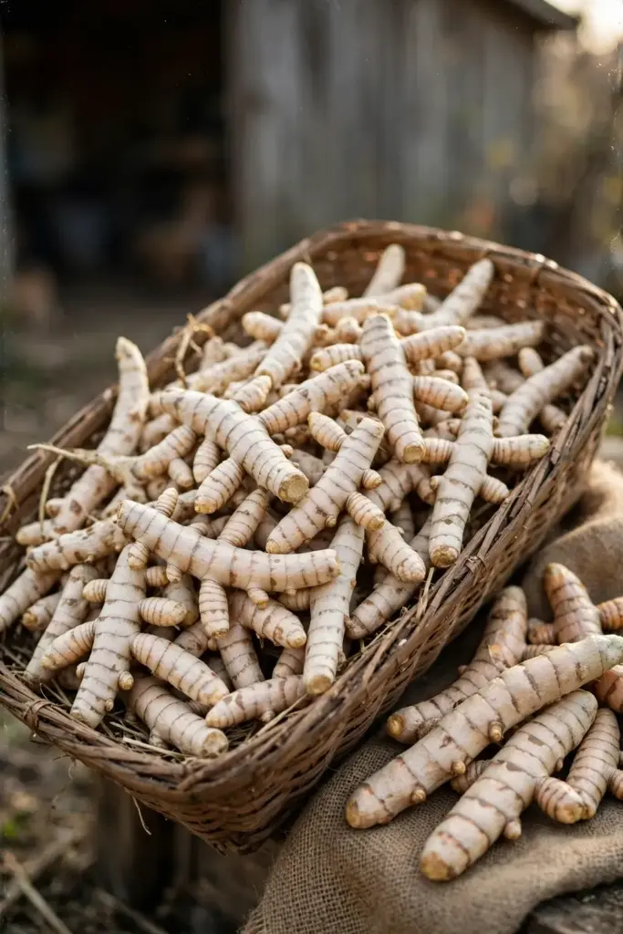 Basket of cleaned white turmeric rhizomes ready for storage