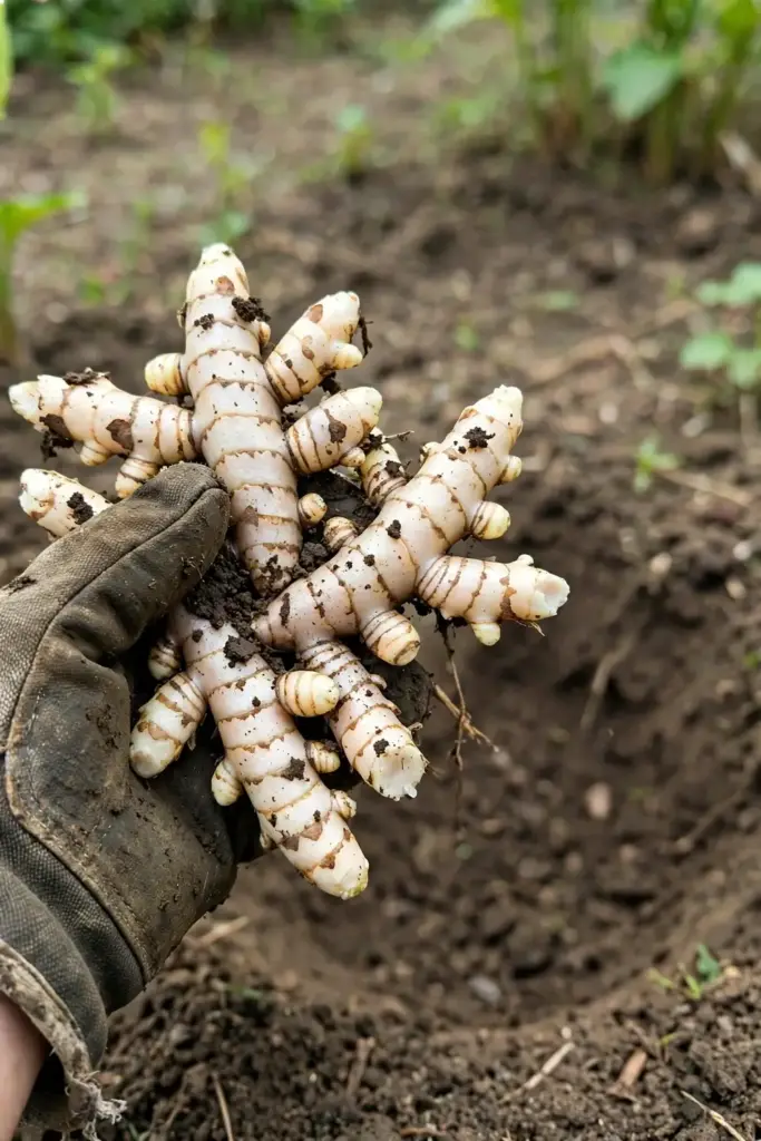 Freshly lifted white turmeric rhizome clump with soil still attached