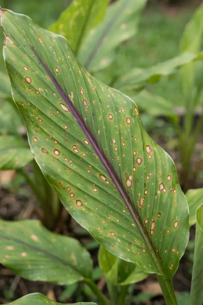 Close view of white turmeric leaf showing leaf spot symptoms