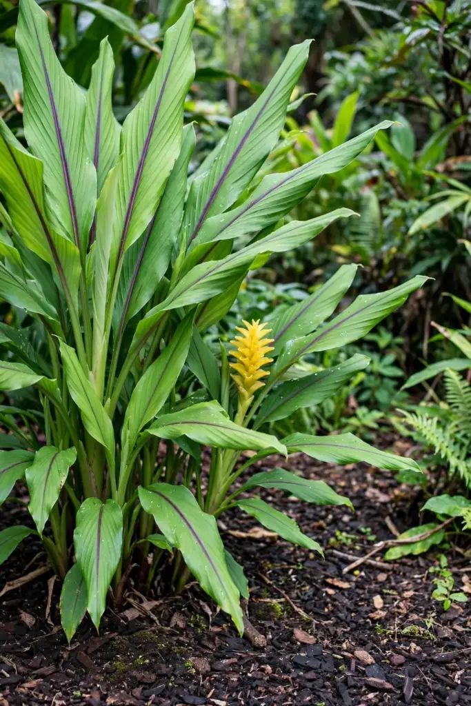 Mature white turmeric plant in full leaf in the garden