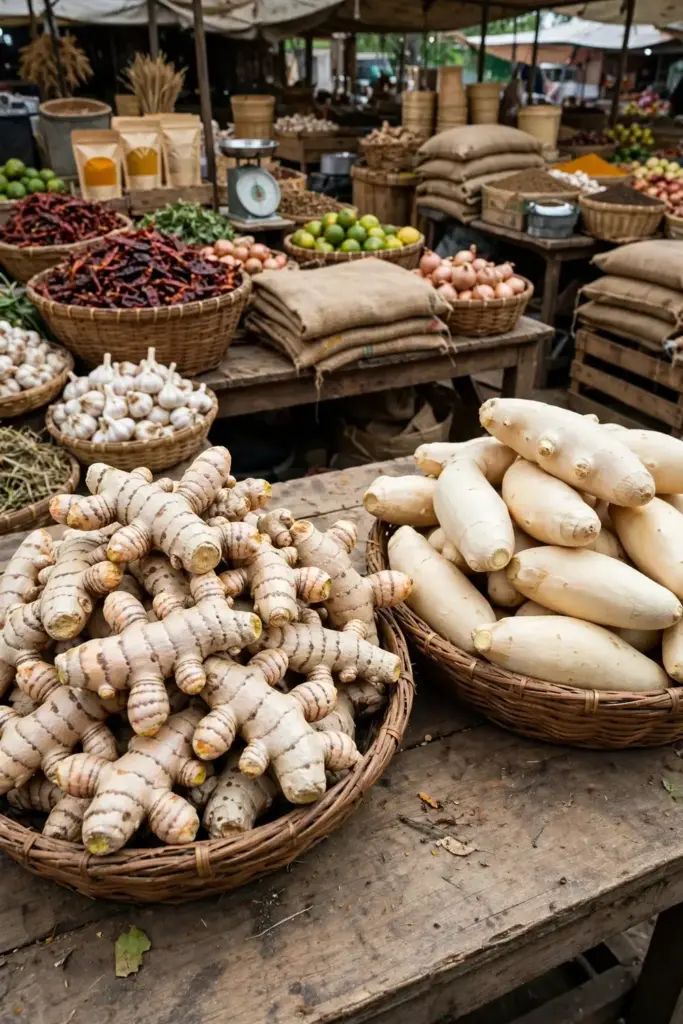 Two distinct piles of pale rhizomes showing white turmeric beside mango ginger