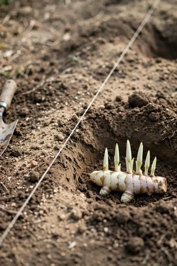 White turmeric rhizome laid flat with buds up in a garden bed pit