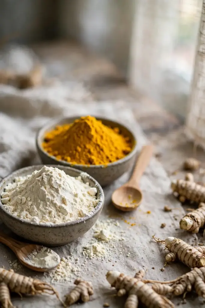 Small bowls of white turmeric powder beside yellow turmeric powder