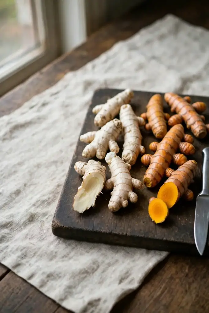 Side by side comparison of white turmeric and yellow turmeric rhizomes with cut surfaces