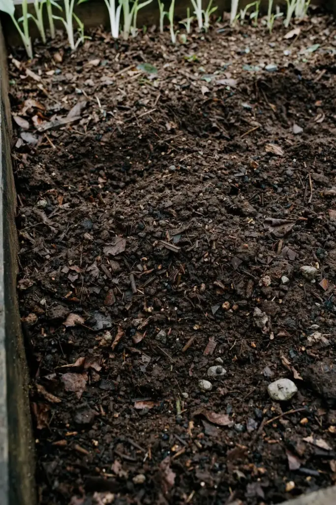 Rich dark loam soil with compost being prepared for planting