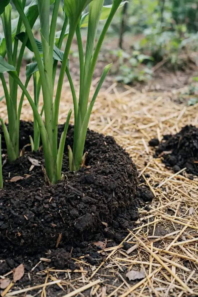 Compost side-dressed around the base of white turmeric plants