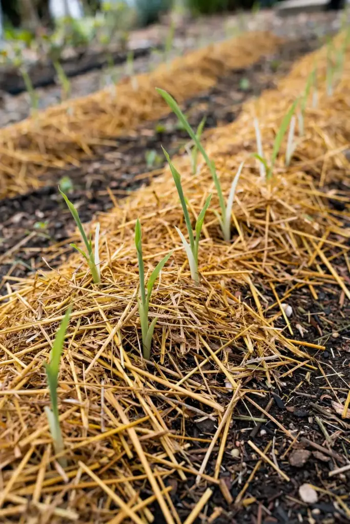 Straw mulch spread thickly around white turmeric shoots