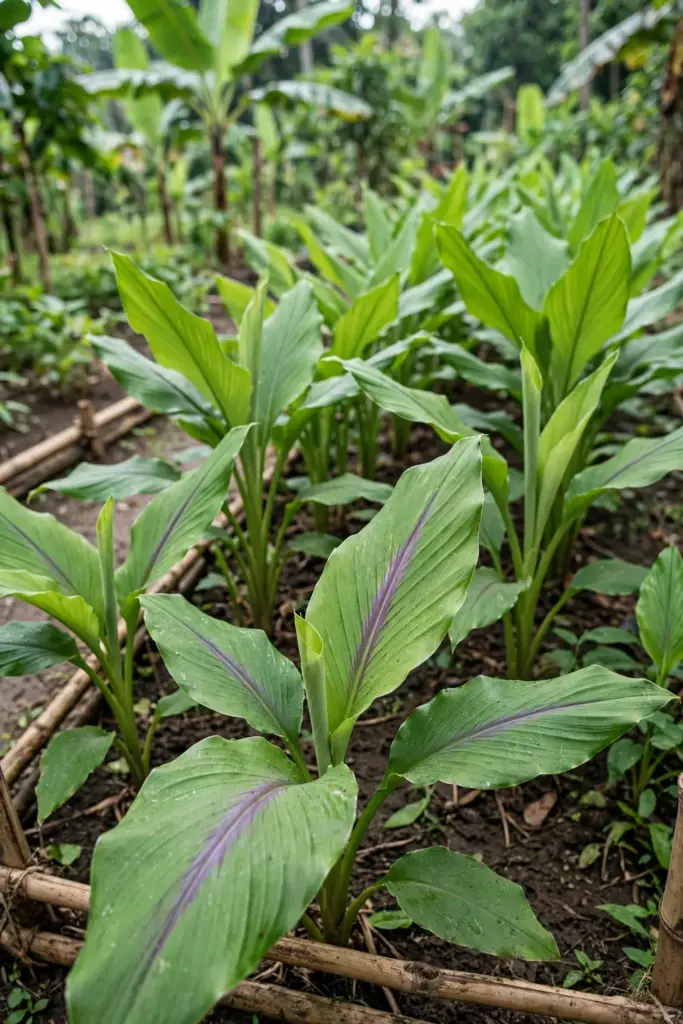 Lush white turmeric foliage growing in a tropical garden bed