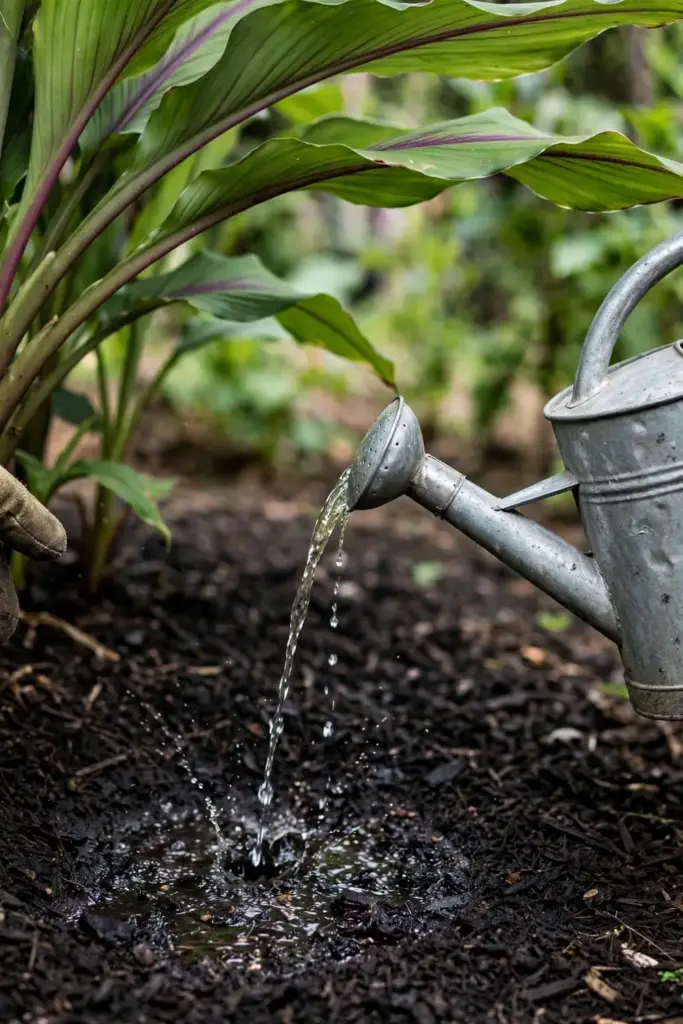 Watering can pouring water at the base of white turmeric plants