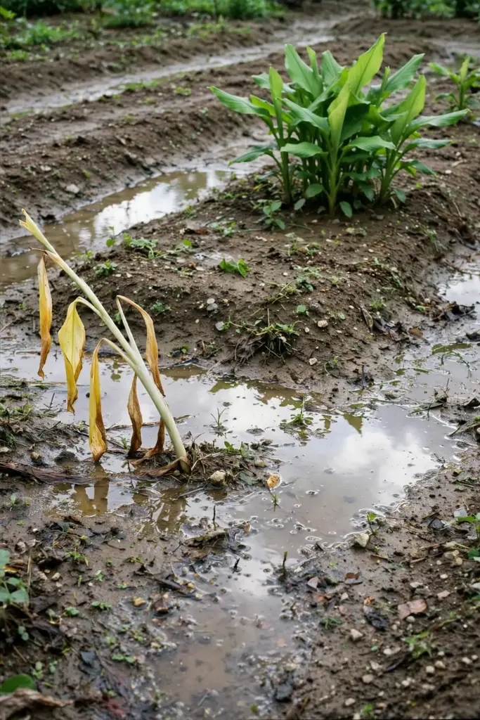 Waterlogged garden bed with a struggling white turmeric shoot