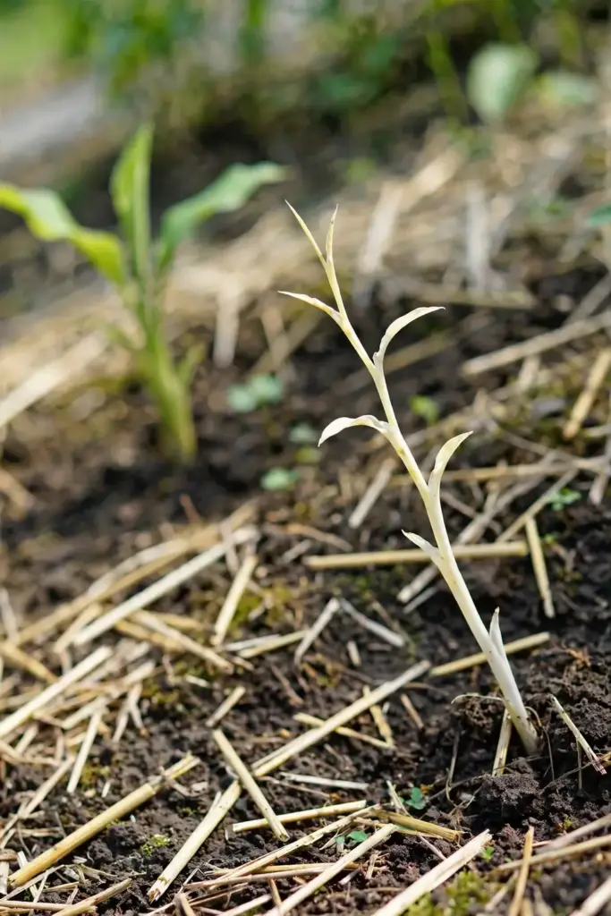 Pale weak white turmeric shoot emerging from the soil
