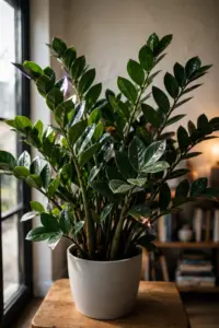 Glossy ZZ plant with upright green stems in a ceramic pot on a wooden side table in a living room