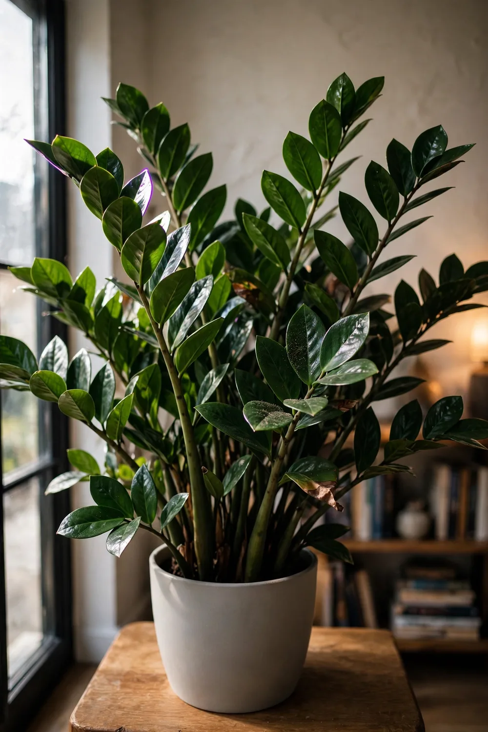 Glossy ZZ plant with upright green stems in a ceramic pot on a wooden side table in a living room