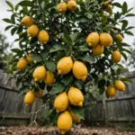 Lemon tree with a rounded dome canopy loaded with ripe yellow lemons