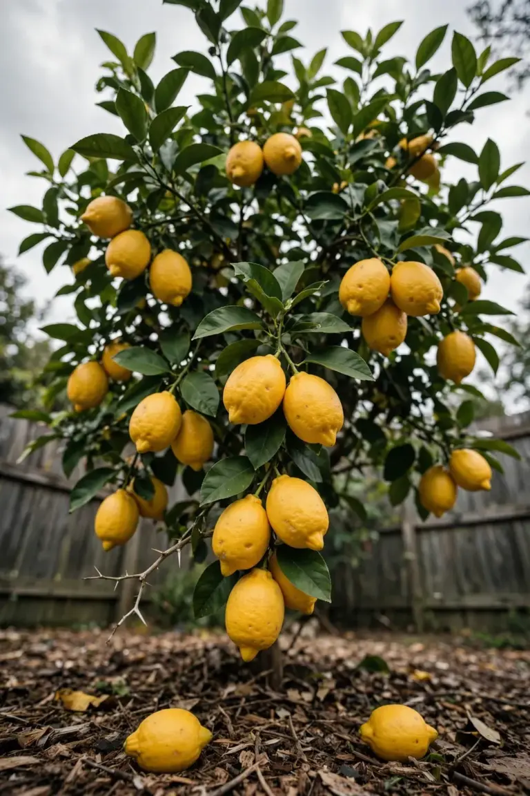 Lemon tree with a rounded dome canopy loaded with ripe yellow lemons