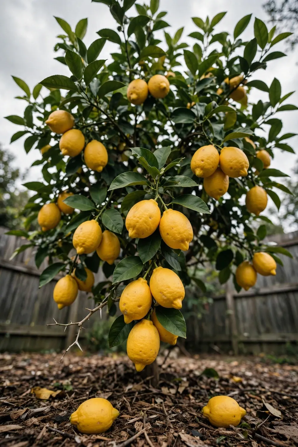 Lemon tree with a rounded dome canopy loaded with ripe yellow lemons