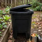 Black bottomless compost bin on soil beside a garden bed with a kitchen caddy of vegetable peels