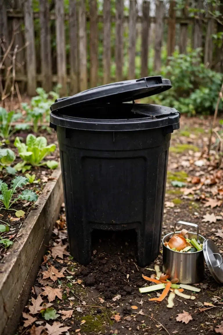 Black bottomless compost bin on soil beside a garden bed with a kitchen caddy of vegetable peels