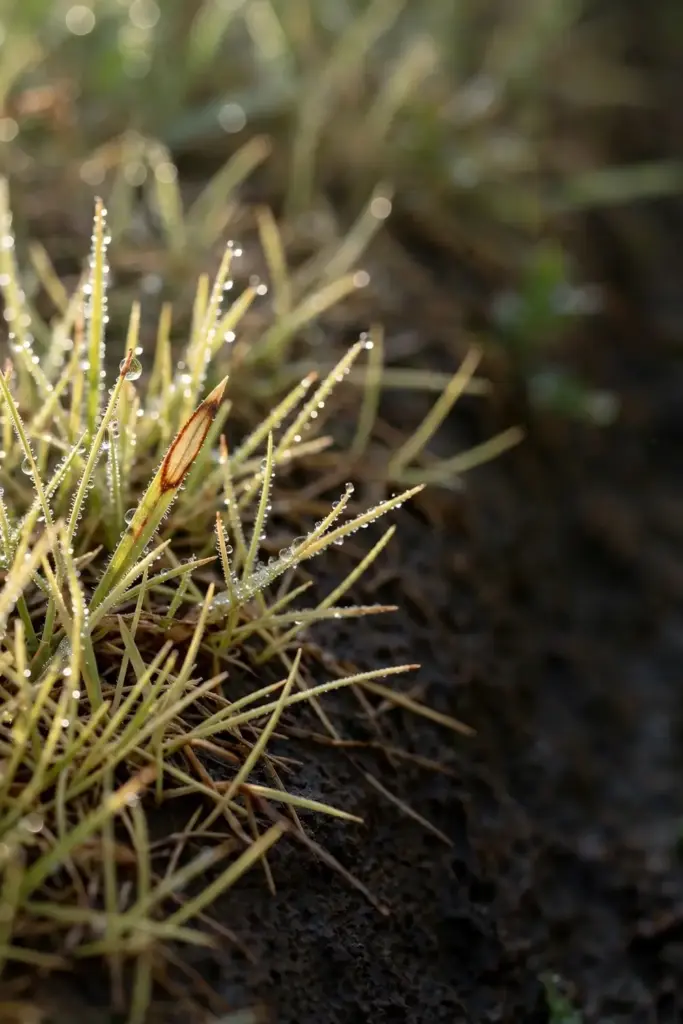 Pale hungry turf beaded with morning dew and one blade with a fresh tan lesion.