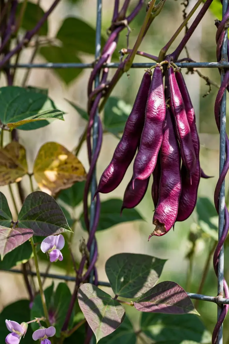 Glossy magenta-purple hyacinth bean pods dangling from vines woven over a garden trellis