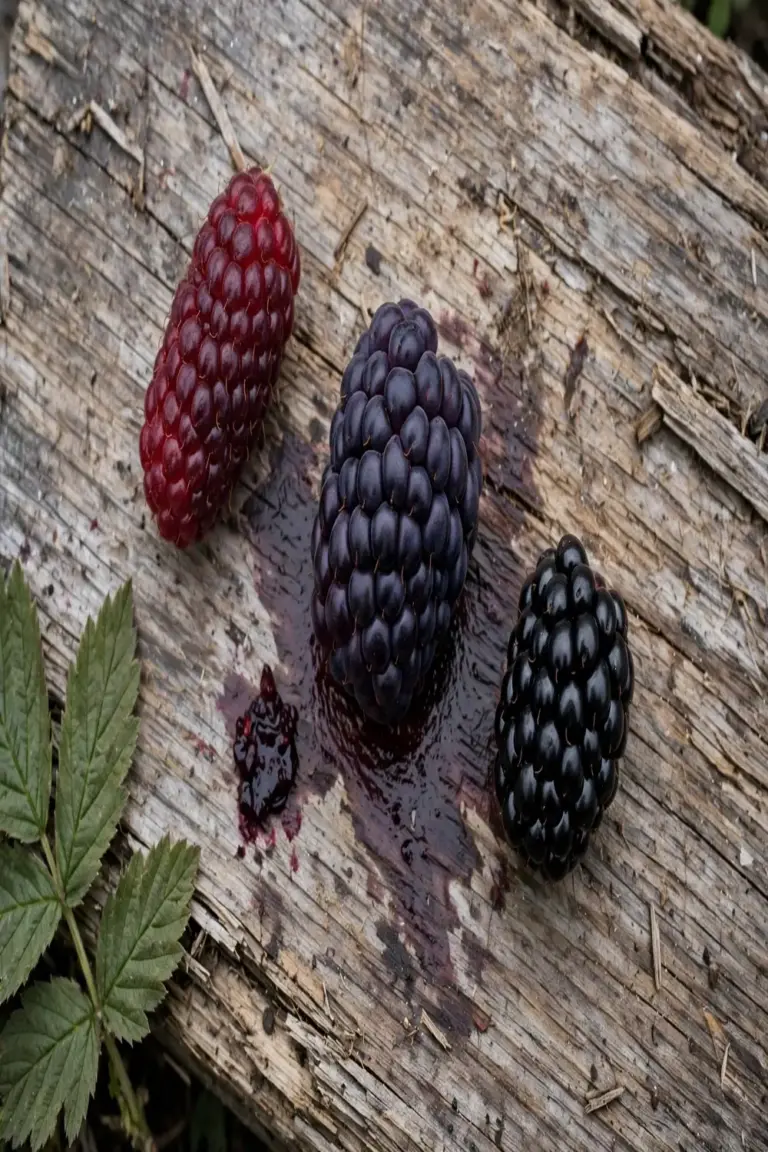 Loganberry, boysenberry, and silvanberry side by side on a weathered timber board