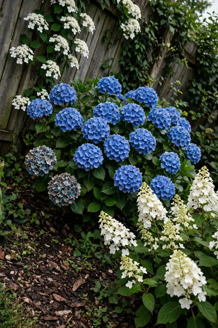 Garden border with three hydrangea species flowering in sequence.
