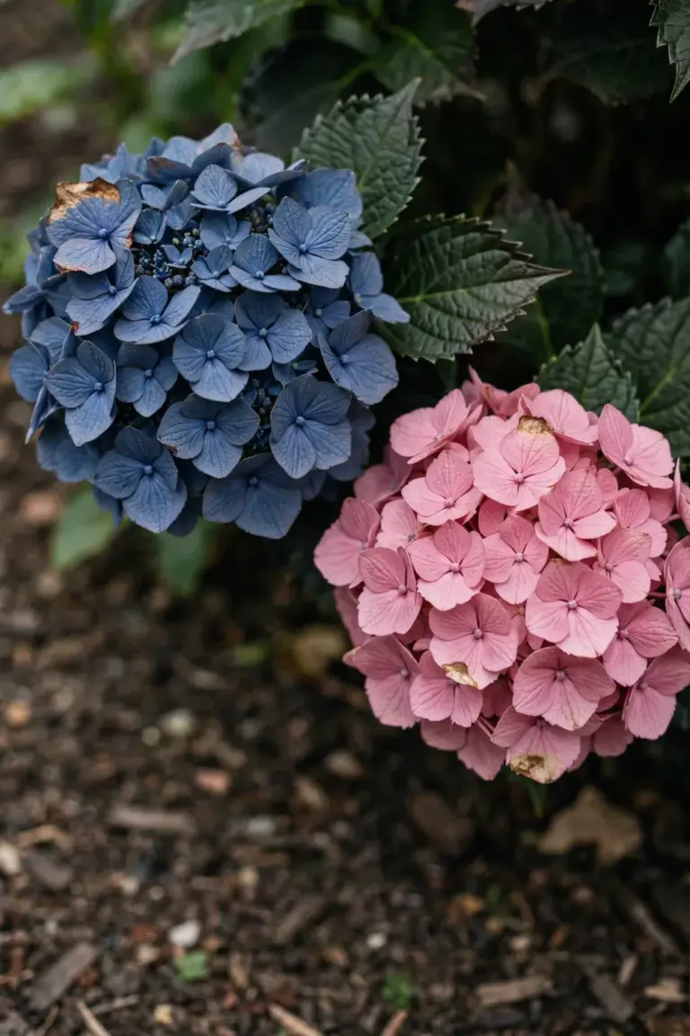 Blue and pink mophead hydrangea blooms side by side showing the pH color shift.