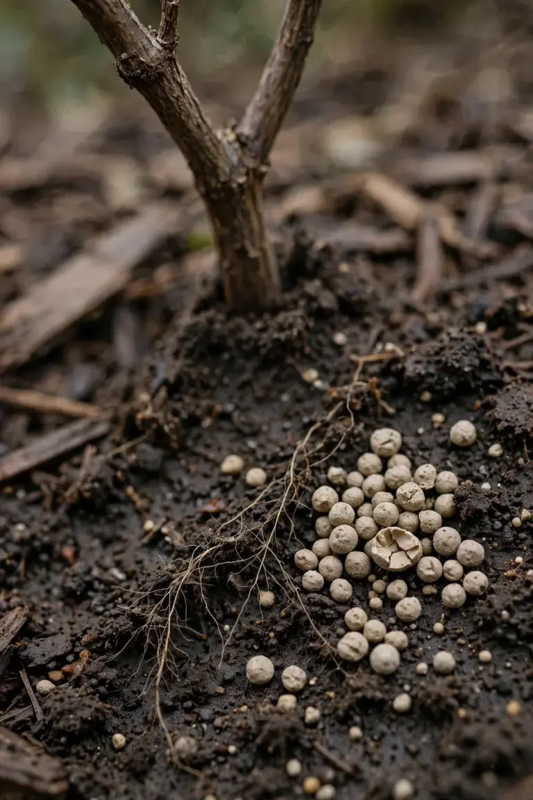 Balanced fertilizer granules scattered on the soil around a hydrangea base.