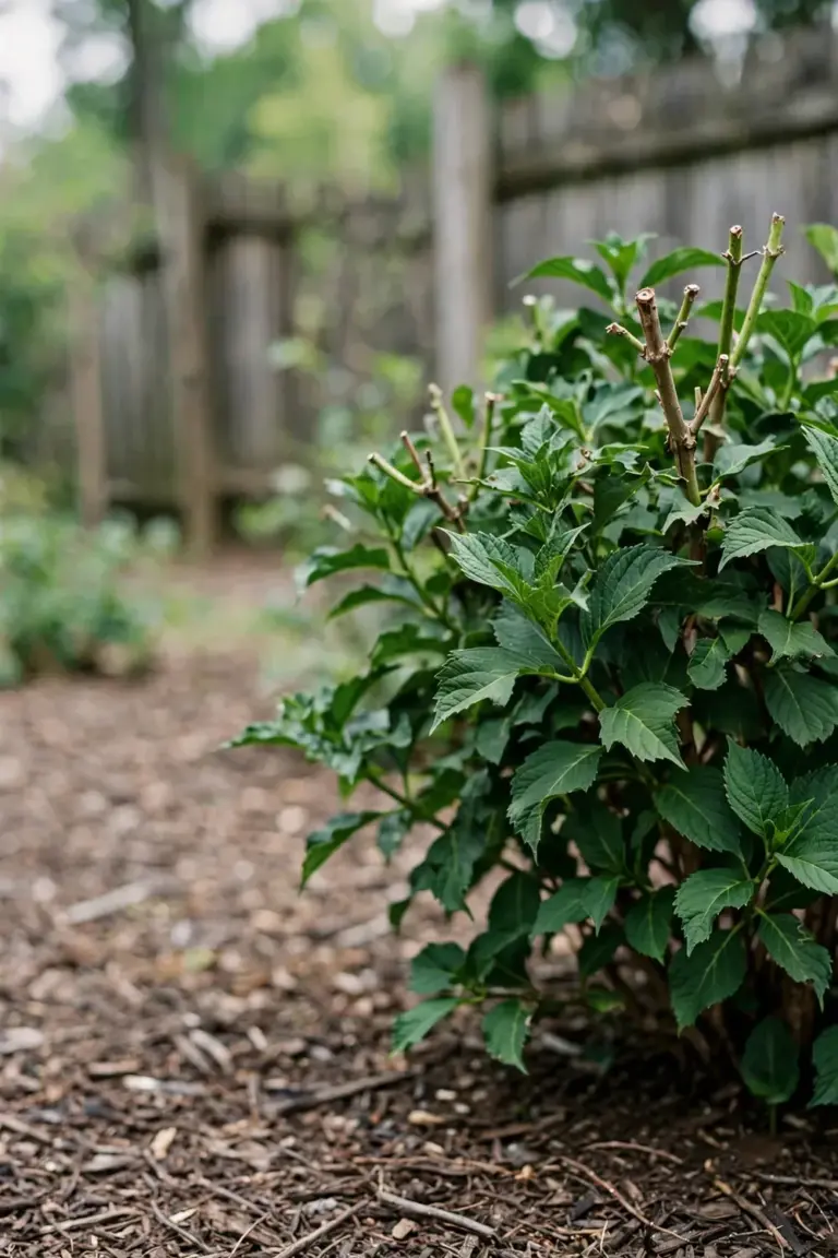 Healthy green hydrangea shrub with lush leaves but no flowers.