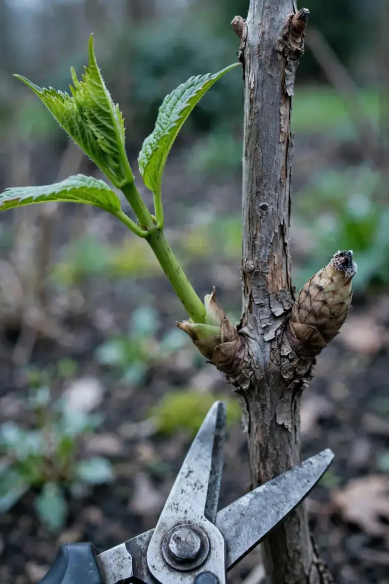 Old woody hydrangea stem with fat buds beside a green new-season shoot.