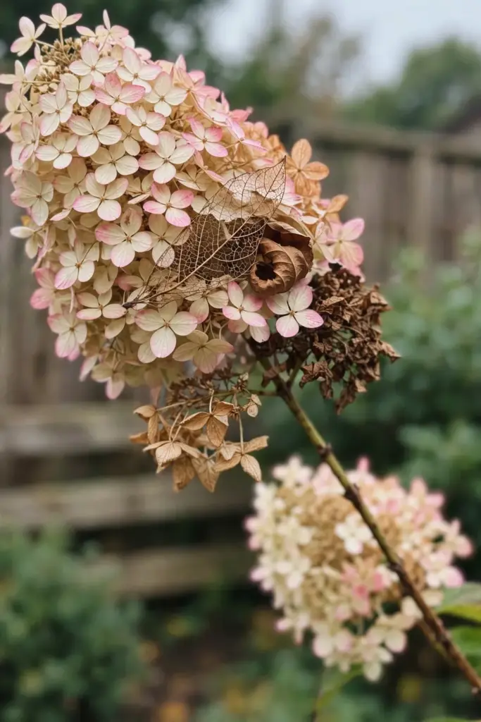 Large panicle hydrangea head with papery cream florets