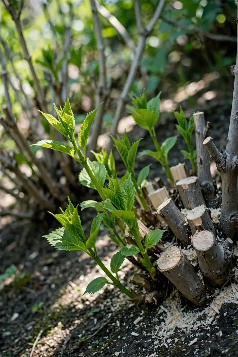 Old hydrangea base with cut stumps and vigorous new green shoots regrowing.