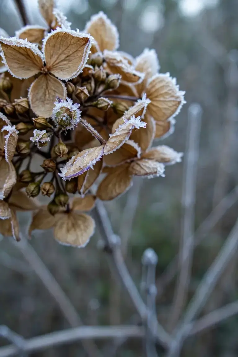 Dried hydrangea flowerheads with frost sheltering the buds beneath them.