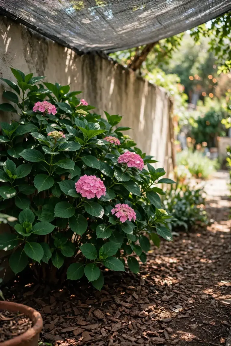 Hydrangea shrub thriving in a shaded warm-climate garden bed.