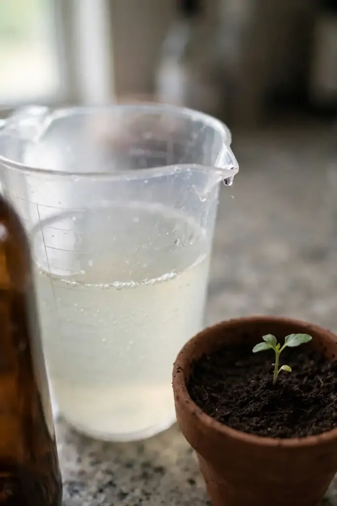 Clear measuring cup with diluted solution beside a newly repotted plant.