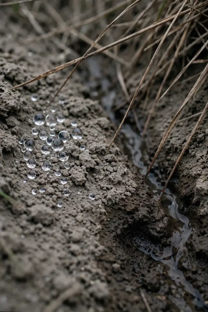 Water beading on dry soil in a brown patch that refuses to soak in