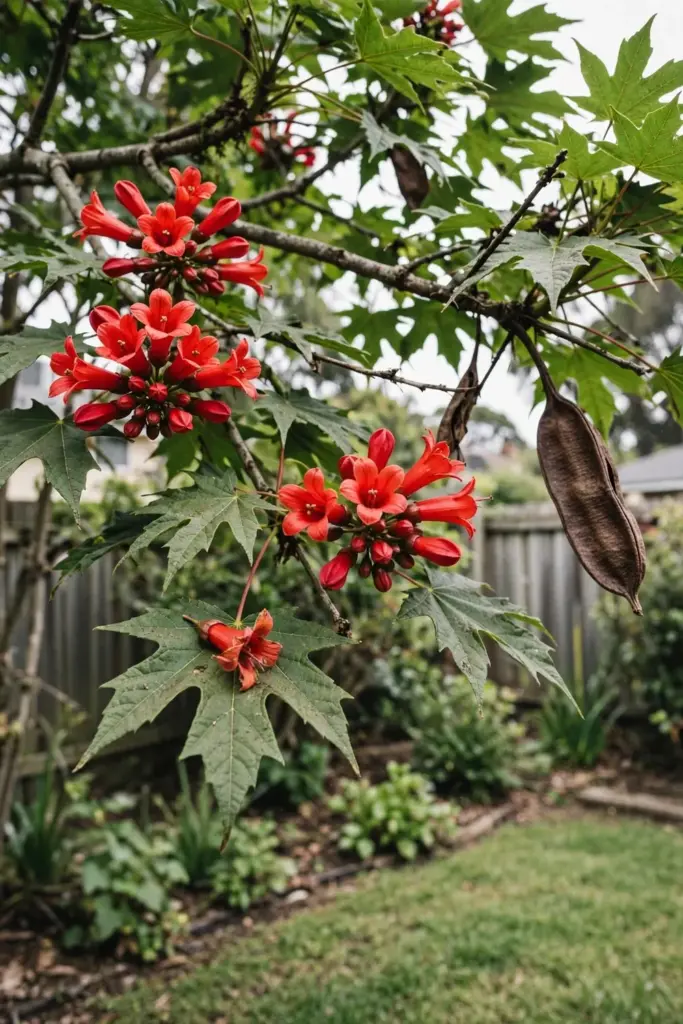Illawarra Flame Tree branches with scarlet bell flowers and lobed leaves