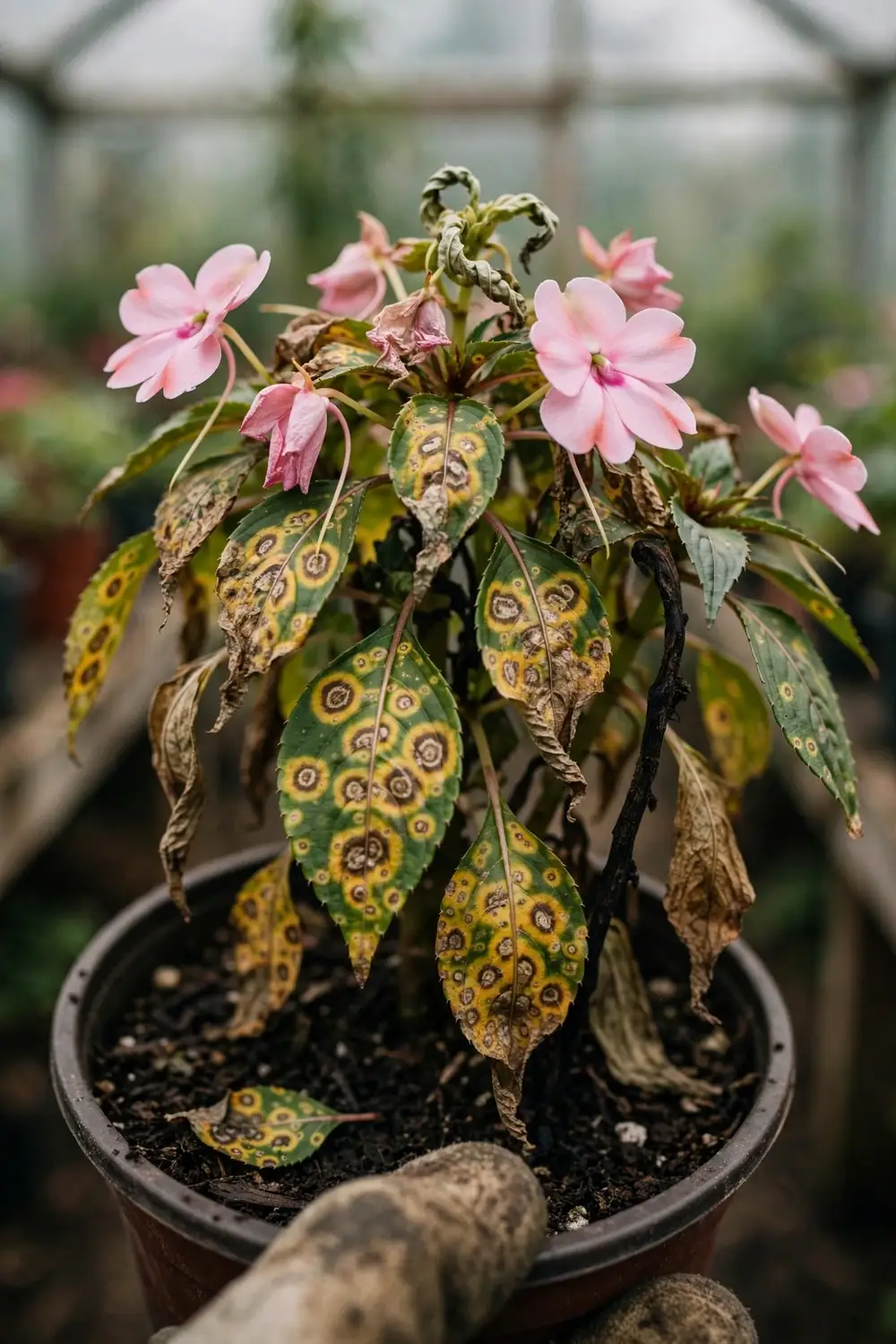 Impatiens plant with ringspotted leaves and blackened stems from virus infection