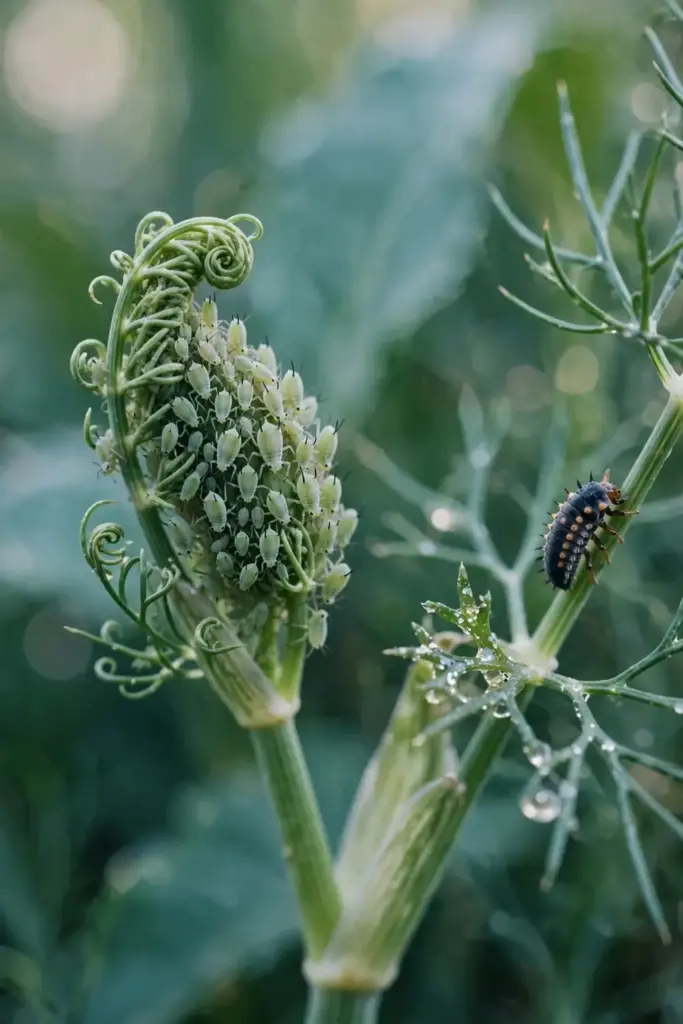 Aphids clustered on a fennel shoot tip