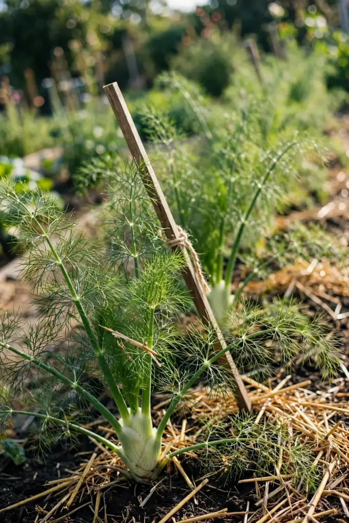 Healthy fennel bed being inspected in a garden