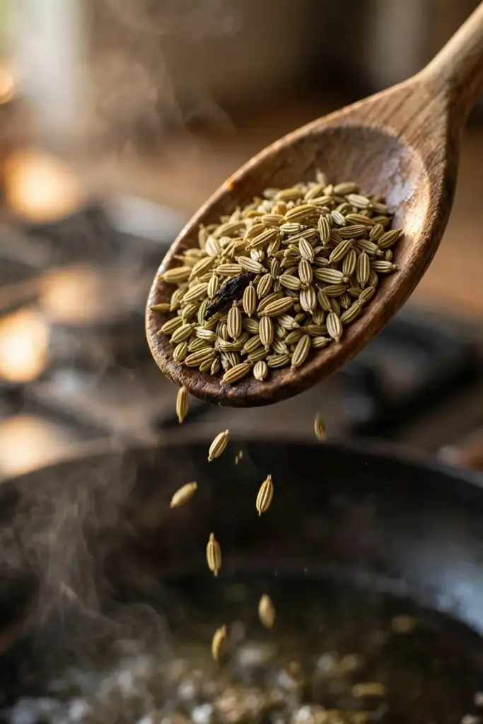Fennel seeds in a wooden spoon over a dish
